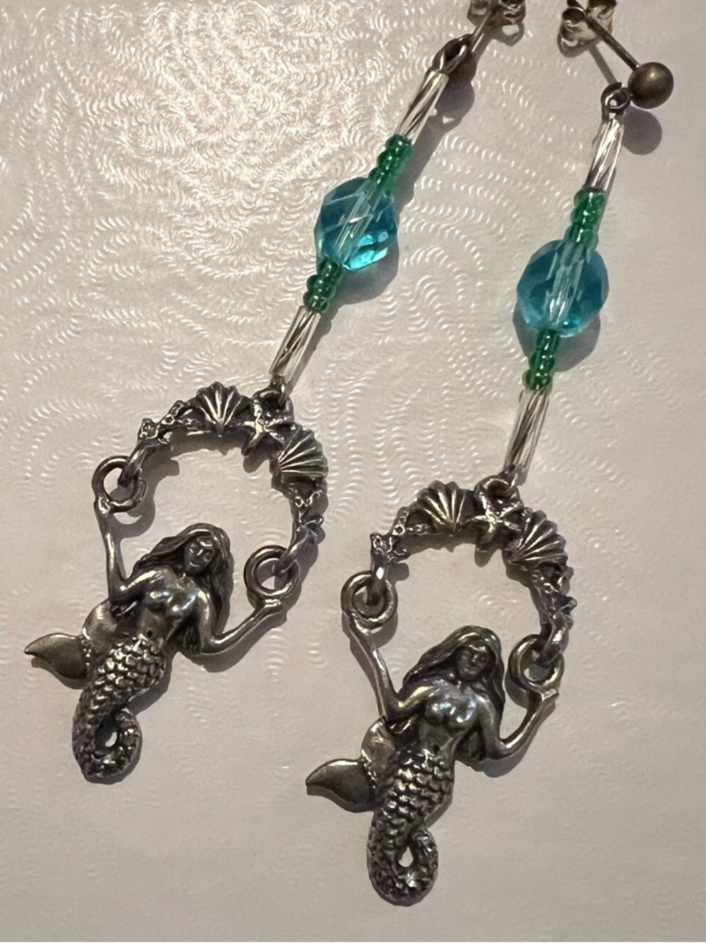 Mermaid Dangle Pierced Earrings with Aqua Beads